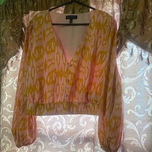 Eloquii Pink and Yellow Abstract V-Neck Blouse